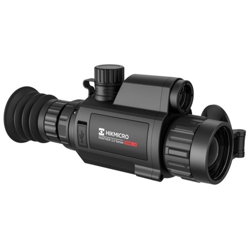 Celownik termowizyjny HIKMICRO Panther PH35L 2.0 LRF – ukośny widok z boku z widocznym dalmierzem laserowym i pokrętłem regulacji
