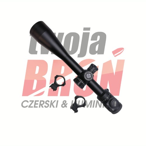 Meopta ZD 6-24x56 Z-plus RD luneta i dwie czarne obejmy montażowe na białym tle z logotypem Twoja Broń Czerski i Huminiak.