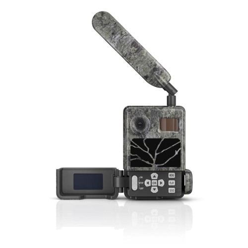 Fotopułapka Zeiss Secacam 3 z otwartą klapką, ekranem LCD i anteną LTE przedstawiona na białym tle
