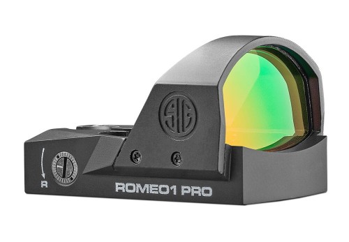 Kolimator Sig Sauer Romeo 1 Pro SOR1P100 - widok z przodu, soczewka i pokrętło regulacji