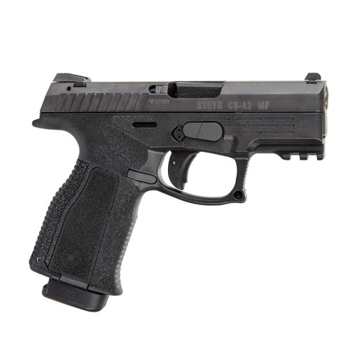 Pistolet Steyr C9-A2 - widok z lewej strony, kompaktowa budowa, szyny taktyczne
