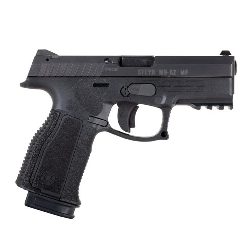 Pistolet Steyr M9-A2 - widok z lewej strony, czarna rama z szynami Picatinny
