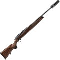 Sztucer samopowtarzalny Sauer S303 Artemis - widok całości karabinu z tłumikiem dźwięku i elegancką drewnianą kolbą