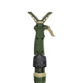 Trójnóg Primos Trigger Stick Vital - zbliżenie na mechanizm spustowy (Trigger Stick) i widełki V-rest, widok z przodu