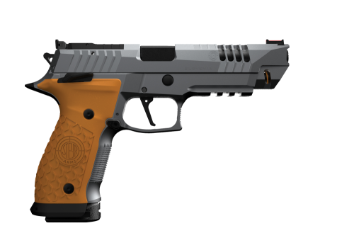Pistolet sportowy Steyr ATc 5" Rock 9x19 - widok z lewej strony, pomarańczowy chwyt