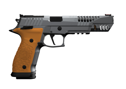 Pistolet sportowy Steyr ATc 6" Rock 9x19 - widok z lewej strony, pomarańczowy chwyt
