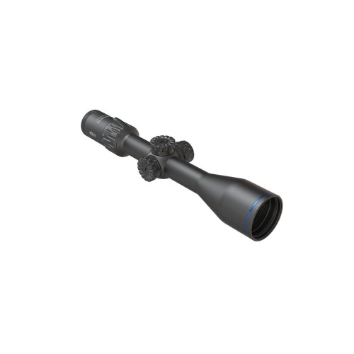 Luneta Meopta MeoPro Optika5 4-20x50 SFP RD pod kątem na białym tle, widoczne wieżyczki regulacyjne i niebieski pierścień.