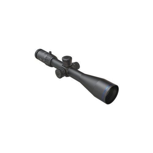 Luneta Meopta MeoPro R6 5-30x56 FFP RD ukazana pod kątem na białym tle, widoczne wieżyczki i niebieski pierścień.