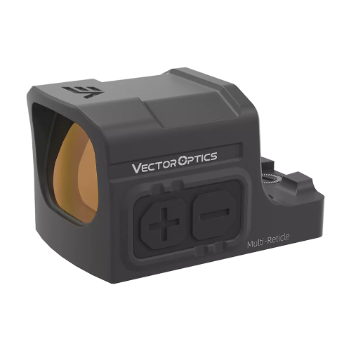 Kolimator Vector Optics Frenzy-S 1x17x20 MRT - widok z przodu-lewej, szyba z pomarańczowym odblaskiem, przyciski +/-, napis Multi-Reticle