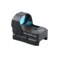 Kolimator Vector Optics Frenzy-X 1x20x28 - widok z przodu pod kątem, niebieski obiektyw antyrefleksyjny, napis Vector Optics, szyna Picatinny