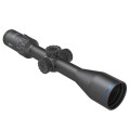 Luneta Meopta MeoHunter R5 3-15x50 SFP RD BDC 3 czarna z niebieskim paskiem na obiektywie, widok z góry pod kątem.