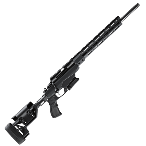Karabin Tikka T3x Tact A1 - karabin precyzyjny z czarną kolbą taktyczną i długą lufą, widok z lewej