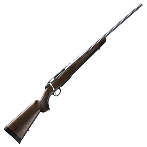 Sztucer Tikka T3x Hunter Stainless - karabin myśliwski z kolbą orzechową i lufą ze stali nierdzewnej, widok z boku