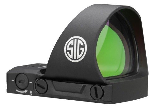 Kolimator Sig Sauer Romeo 3MAX Pro - widok pod kątem, logo SIG i pokrętła regulacji z lewej strony