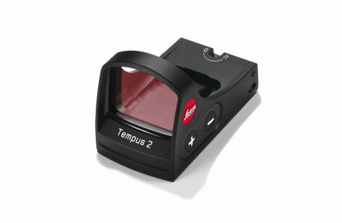 Kolimator Leica Tempus 2 2,5MOA - widok pod kątem, przyciski i logo Leica z przodu
