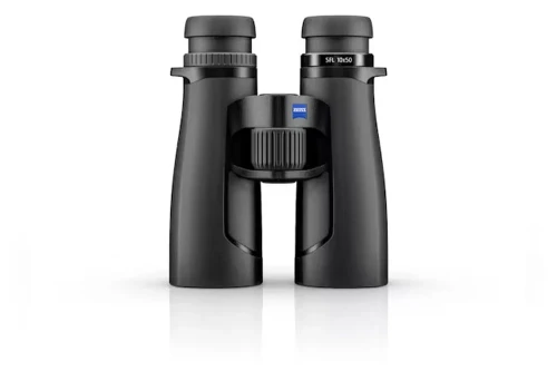 Lornetka Zeiss Victory SFL 10x50 - widok z przodu, pełna sylwetka z oznaczeniem modelu na korpusie