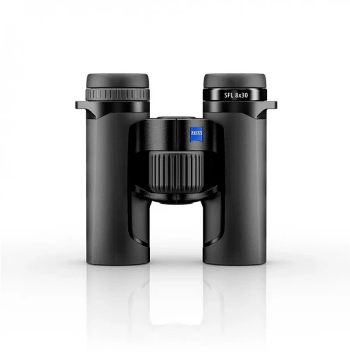 Lornetka Zeiss Victory SFL 8x30 - widok z przodu, pełna sylwetka z oznaczeniem modelu na korpusie