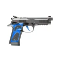 Pistolet Beretta 92X Performance Dark Blue - widok z lewej strony, niebieskie okładziny chwytu i niebieski spust