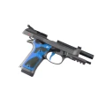 Pistolet Beretta 92X Performance Dark Blue - widok z lewej strony z zamkiem odciągniętym do tyłu i odsłoniętą lufą