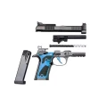 Pistolet Beretta 92X Performance Dark Blue - rozłożony na części: zamek, lufa, sprężyna powrotna, szkielet, magazynek