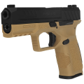 Pistolet Reximex TRX9 Desert Sand - widok z prawej strony pod kątem na wylot lufy i piaskowy szkielet