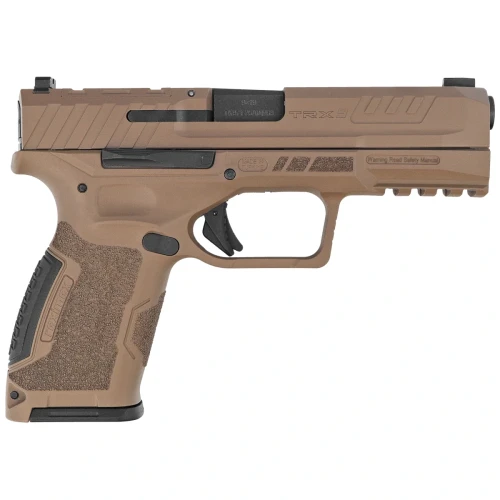 Pistolet Reximex TRX9 FDE - widok z prawej strony z oknem wyrzutowym i oznaczeniem kalibru 9x19