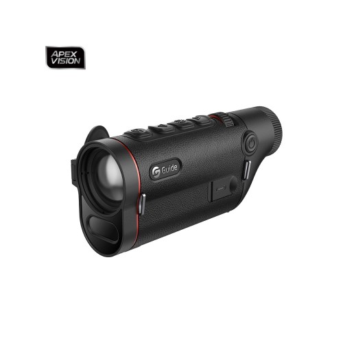 Monokular termowizyjny z dalmierzem Guide TD635LS - widok z przodu pod kątem na obiektyw i okno dalmierza laserowego