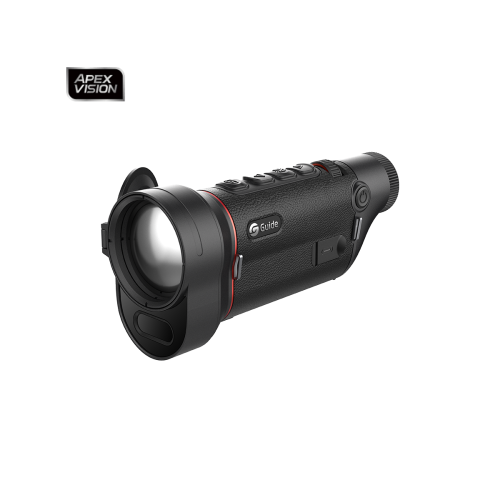 Monokular termowizyjny z dalmierzem Guide TD650LS - widok z przodu pod kątem na obiektyw i okno dalmierza laserowego