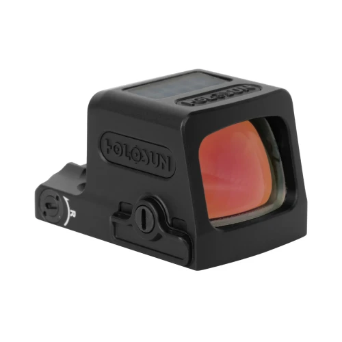 Kolimator Holosun EPS Carry MRS Red Dot Solar Panel - widok z przodu pod kątem, prawa strona z boczną komorą baterii