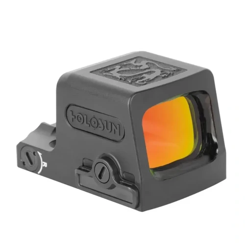 Kolimator Holosun RONIN EPS Carry Red Dot MRS - widok z przodu pod kątem, prawa strona i grawer smoka na górze