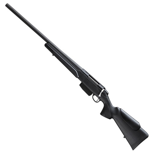 Sztucer Tikka T3x Varmint LH (leworęczny) - cała broń z czarną kolbą syntetyczną, widok skośny z lewej