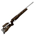 Sztucer Keppeler .223 Rem z osadą Kunysz, pełny widok broni z boku, kolba typu thumbhole z osadą Kunysz z drewna orzechowego, regulowana szyna łoża, srebrna lufa, regulowany grzbiet i płytka doszamkowa