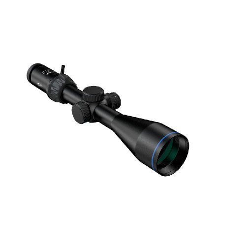 Luneta Meopta Optika6 5-30x56 FFP RD pod kątem na białym tle, widoczny niebieski pasek na obiektywie i zielona soczewka.