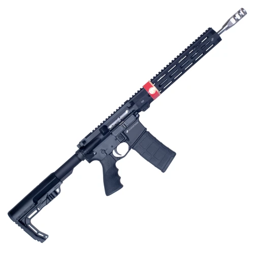 Karabinek JP Enterprises JP-15 Ultralight Ready Rifle 14.5" kal. 223 Rem. - widok całego karabinu z prawej strony ze stalowym kompensatorem i czerwonym pierścieniem JP na łożu