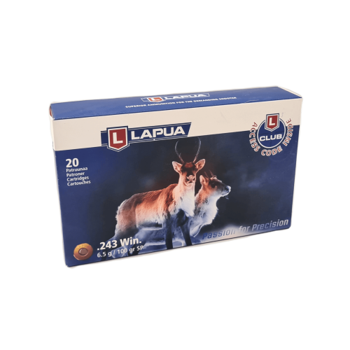Pudełko amunicji Lapua kal. .243 Win. SP 6,5 g, 20 sztuk, granatowe opakowanie z logo Lapua i zdjęciem zwierzyny płowej