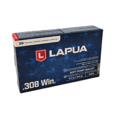 Pudełko amunicji Lapua Mega kal. .308 Win. Soft Point 9,7 g, 20 sztuk, granatowe opakowanie z motywem zwierzyny płowej i logo Lapua