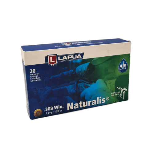 Pudełko amunicji Lapua Naturalis kal. .308 Win., 11,0 g, 20 sztuk, niebiesko-zielone opakowanie z grafiką myśliwego z karabinem z lunetą i logo Lapua