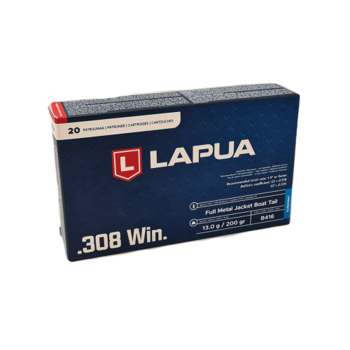Pudełko amunicji Lapua kal. .308 Win. Full Metal Jacket Boat Tail Subsonic 13,0 g, 20 sztuk, ciemnoniebieskie opakowanie z geometrycznym wzorem i logo Lapua