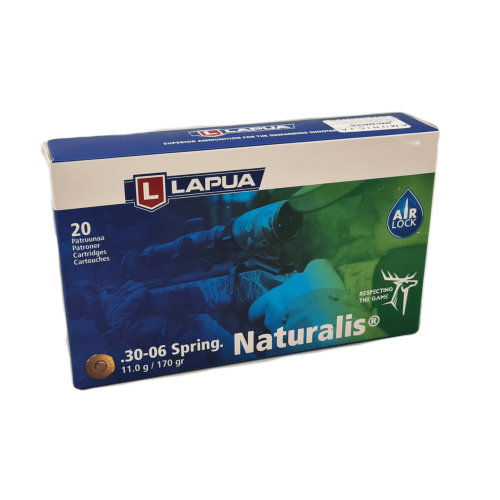 Pudełko amunicji Lapua Naturalis kal. 30-06 Spring, 11,0 g, 20 sztuk, niebiesko-zielone opakowanie z grafiką myśliwego z karabinem z lunetą i logo Lapua