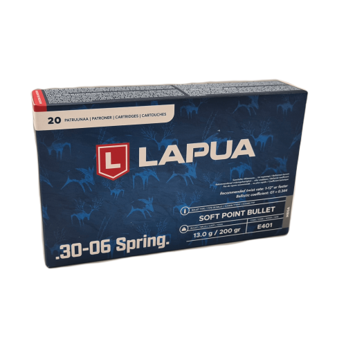 Pudełko amunicji Lapua Mega kal. 30-06 Spring Soft Point 13,0 g, 20 sztuk, granatowe opakowanie z motywem zwierzyny płowej i logo Lapua