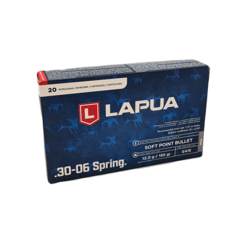 Pudełko amunicji Lapua Mega kal. 30-06 Spring Soft Point 12,0 g, 20 sztuk, granatowe opakowanie z motywem zwierzyny płowej i logo Lapua