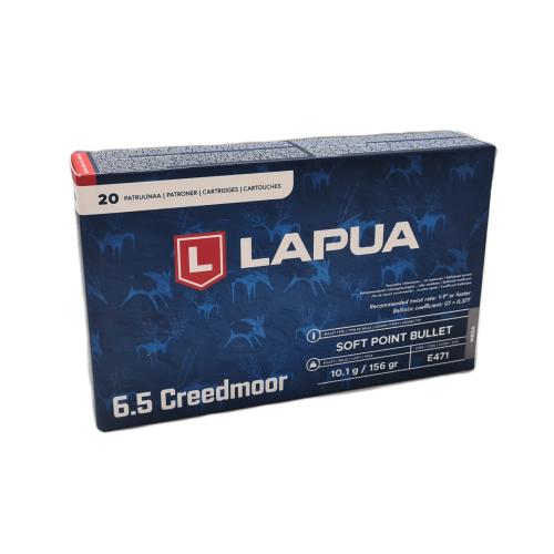 Pudełko amunicji Lapua Mega kal. 6,5 Creedmoor Soft Point 10,1 g, 20 sztuk, granatowe opakowanie z motywem zwierzyny płowej i logo Lapua