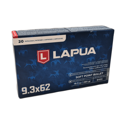 Pudełko amunicji Lapua Mega kal. 9,3x62 Soft Point 18,5 g, 20 sztuk, granatowe opakowanie z motywem zwierzyny płowej i logo Lapua