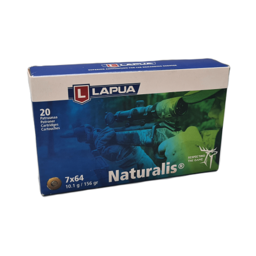 Pudełko amunicji Lapua Naturalis kal. 7x64, 10,1 g, 20 sztuk, niebiesko-zielone opakowanie z grafiką myśliwego z karabinem z lunetą i logo Lapua