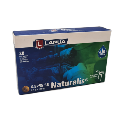 Pudełko amunicji Lapua Naturalis kal. 6,5x55 SE, 9,1 g, 20 sztuk, niebiesko-zielone opakowanie z grafiką myśliwego z karabinem z lunetą i logo Lapua