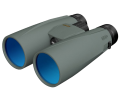 Oliwkowa lornetka Meopta MeoPro HD Plus 8x56 pod kątem na czarnym tle, jaskrawoniebieskie odblaski wewnątrz obiektywów.