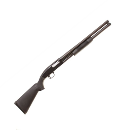 Strzelba pump-action Maverick by Mossberg 88 - widok ogólny, pełna sylwetka, czarna, stała kolba