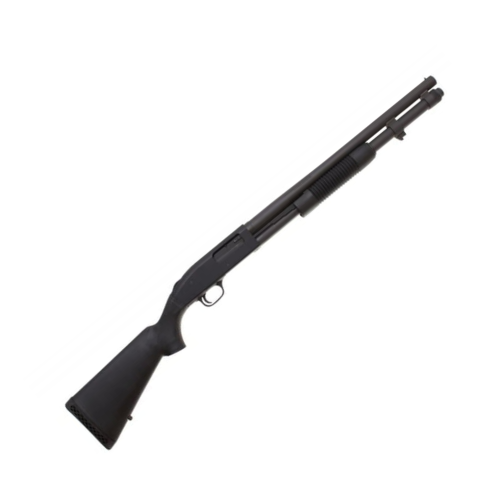 Strzelba pump-action Mossberg 590A1 - widok ogólny, pełna sylwetka, czarna, krótka lufa z osłoną termiczną