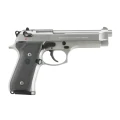 Beretta 92 FS Inox - pistolet 9mm, widok z lewej, inox wykończenie, czarne okładziny