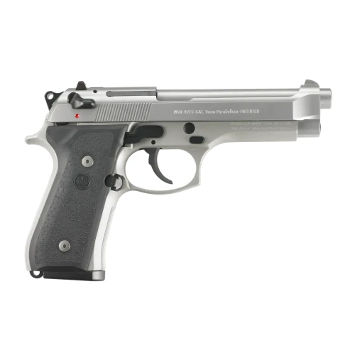Beretta 92 FS Inox - pistolet 9mm, widok z lewej, inox wykończenie, czarne okładziny